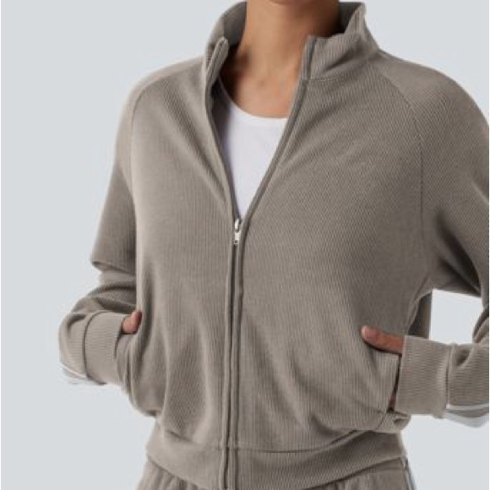 HALARA Ribbed Stand Collar,Long Striped Sleeve Zipper,Casual Jacket w Pockets S